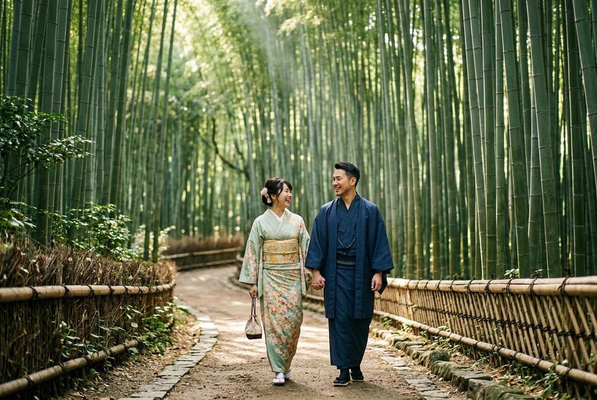 Casal de quimono no bosque de bambuzais em Arashiyama