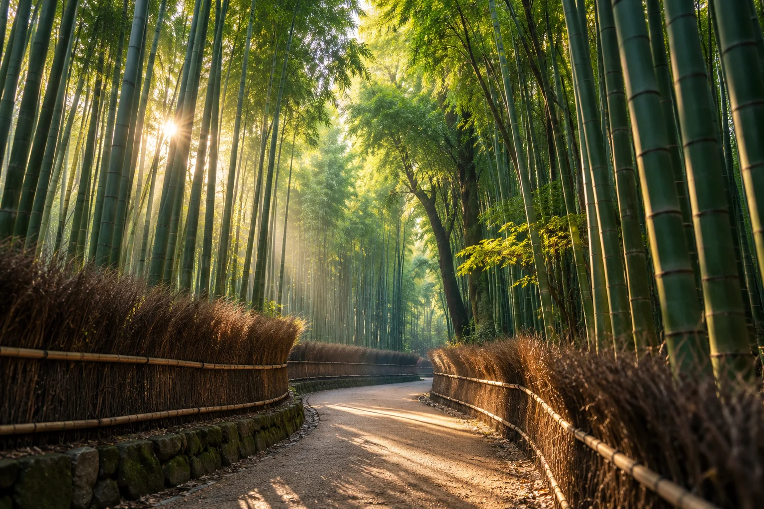 Ilustração visual de Bosque de bambus de Sagano; não é foto de ensaio realizado