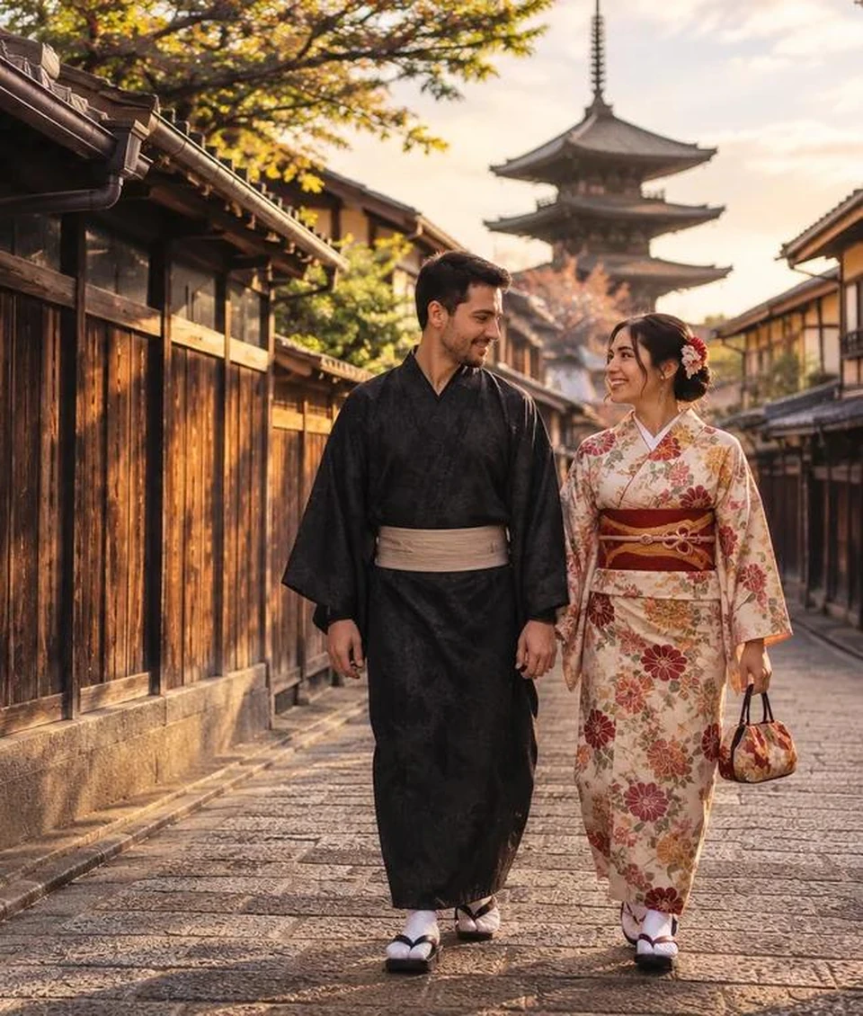 Cena ilustrativa de casal com quimonos em Kyoto