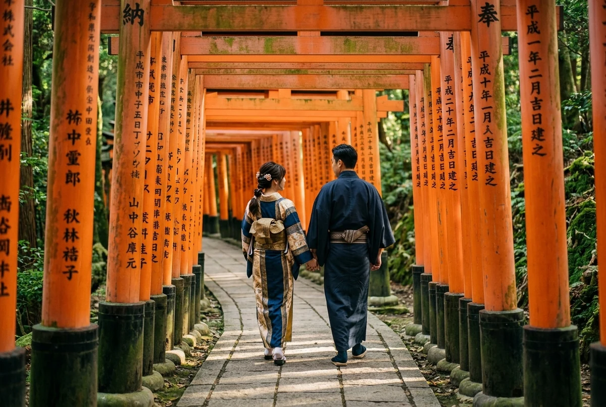 Ilustração visual de Fushimi Inari & arredores; não é foto de ensaio realizado