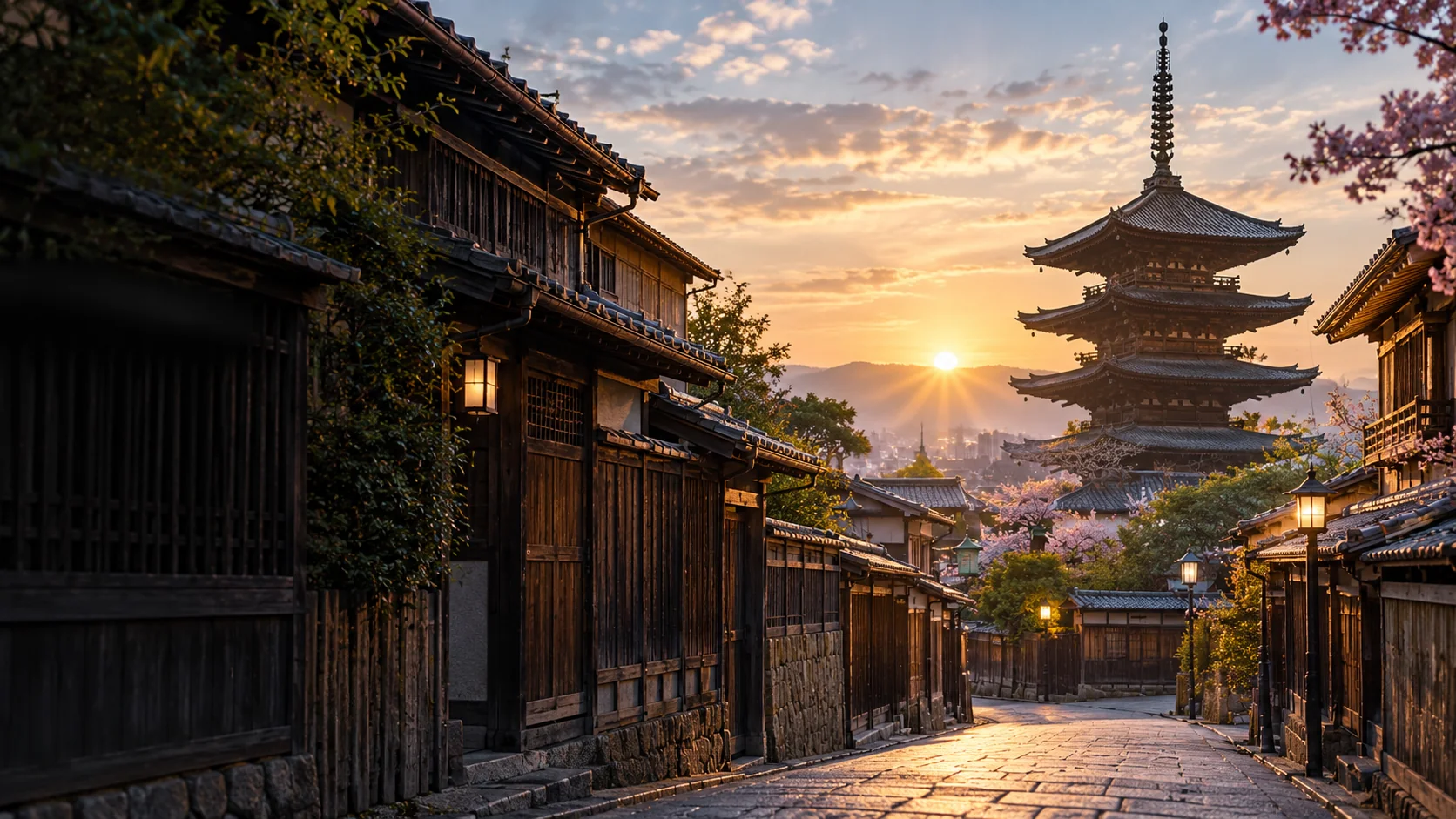 Cena ilustrativa da região de Higashiyama em Kyoto ao amanhecer, com casas de madeira e uma pagoda