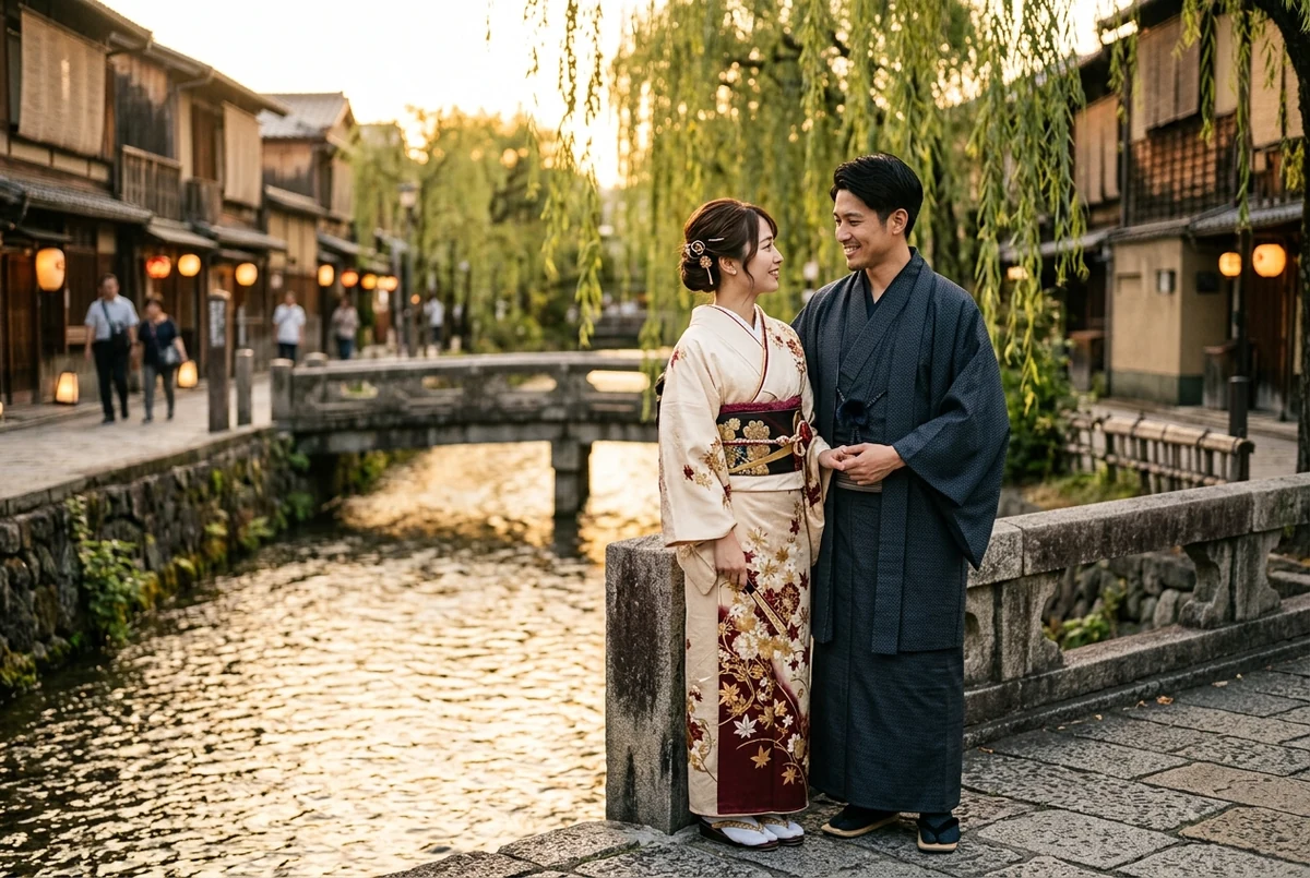 Ilustração visual de Gion & Shirakawa; não é foto de ensaio realizado