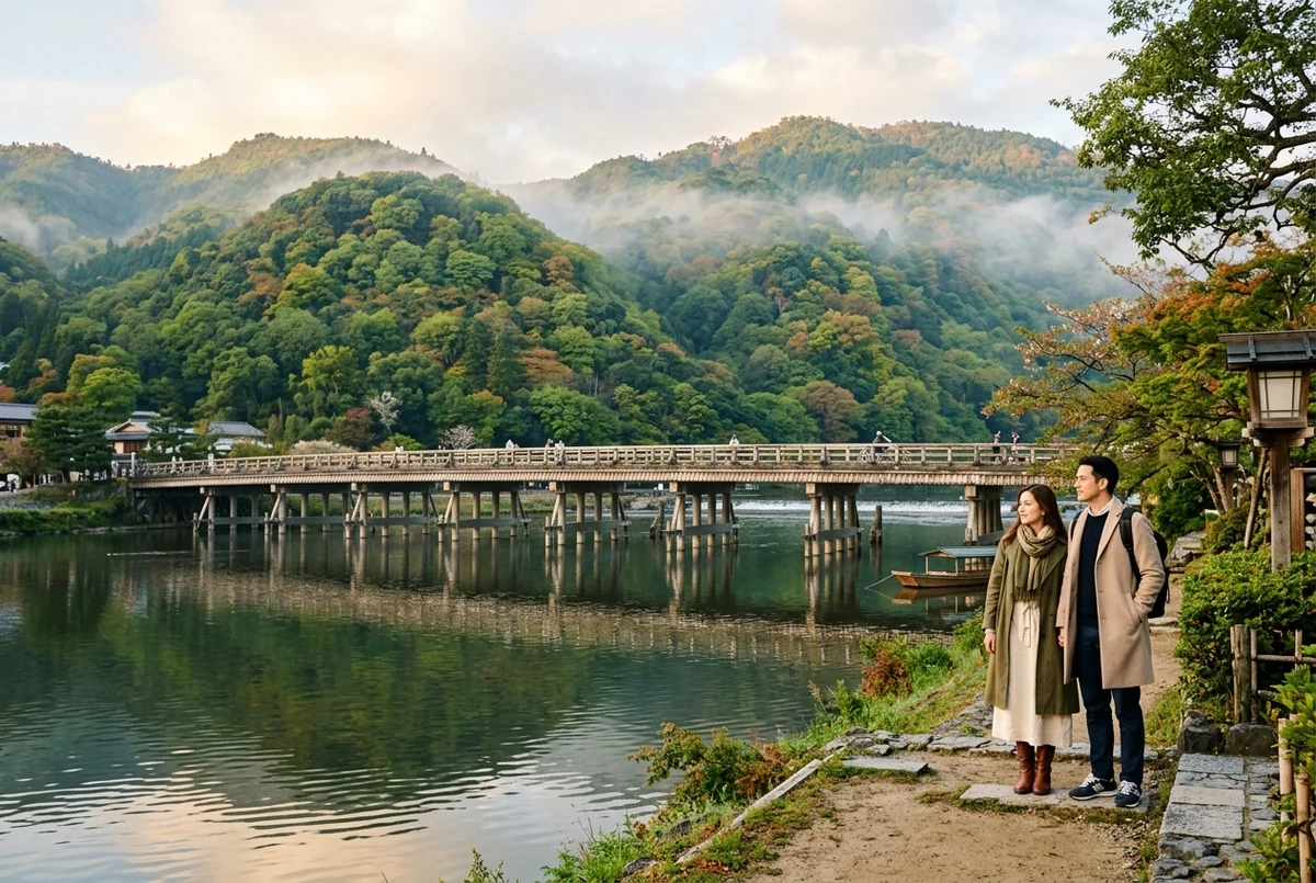Ilustração visual de Arashiyama & Ponte Togetsukyo; não é foto de ensaio realizado