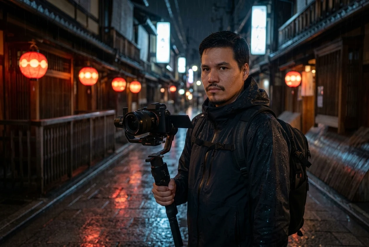 Filmmaker gravando nas noites de chuva e neon no Japão